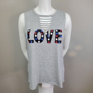 No Boundaries Love Tank Top Patriotic Stars Stripes Sleeveless‎ Gray Juniors L